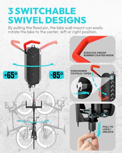 Swivel Bike Wall Mount Bike Rack Garage Organizer, Vertical Bike Hanger for Bicycle Rotating Wall Rack, Easy Installation with Wheel Hook (2 PACK) - size: 2 PACK