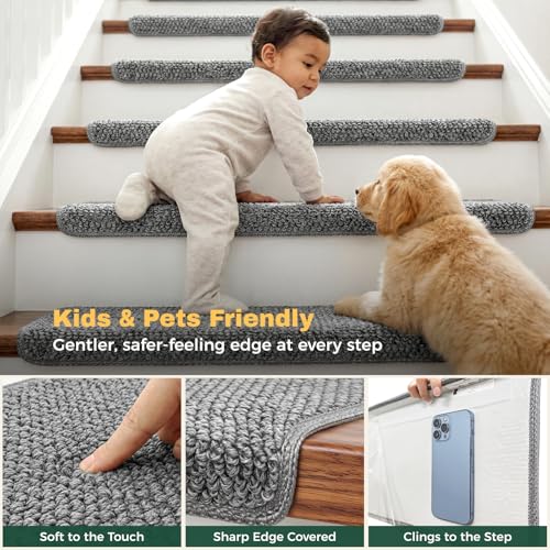 MBIGM Bullnose Non-Slip Stair Treads w/Reusable Adhesive 14 Pack 9.5" x 30" Wooden Steps Protection - TPU Backing with Steel Reinforcement - Anti-Slip Solution Knitted Dark Gray Non Slip Stair Tread - color: Dark Gray - Knitted