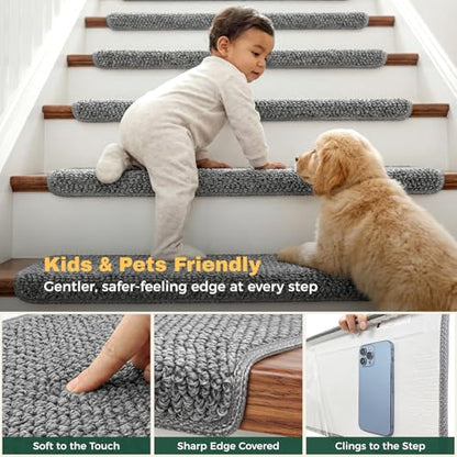 MBIGM Bullnose Non-Slip Stair Treads w/Reusable Adhesive 14 Pack 9.5" x 30" Wooden Steps Protection - TPU Backing with Steel Reinforcement - Anti-Slip Solution Knitted Dark Gray Non Slip Stair Tread - color: Dark Gray - Knitted
