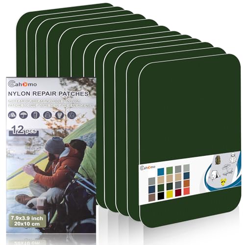 Cahomo 7.9x3.9 inch 12 PCS Nylon Repair Patch Nylon Repair Tape Self Adhesive Fabric Tapes Outdoor Camping Gear Fabric kit for Tent, Umbrella, Down Jackets, Sleeping Bag, Knapsack（Dark Green） - color: Dark Green, size: 7.9x3.9 inch