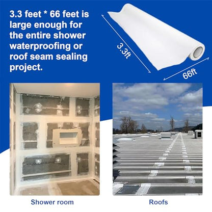 3.3 Ft x 66 Ft Waterproofing Membrane Fabric, Reinforcing Anti Fracture Geo Textile Mesh Drywall Tape, Liquid Waterproof Membranes Roof Tape for Shower Wall, Seams, Joints - size: 3.3 Feet x 66 Feet