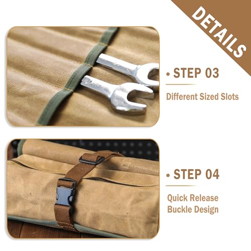 Kaaltisy Tool Roll Organizer, Canvas Wrench Roll with 2 Zippered Pouches + Buckle Closure, Heavy Duty 16oz Waxed Canvas Roll Up Tool Pouch for Wrench Set Chisel Screwdriver | Khaki | 26" L x 12.5" W - color: Khaki