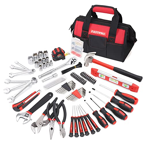 FASTPRO 236-Piece Home Repairing Tool Set, Mechanics Hand Tool Kit with 12-Inch Wide Mouth Open Storage Bag, Household Tool Set for DIY, Home Maintenance, Red - color: Red