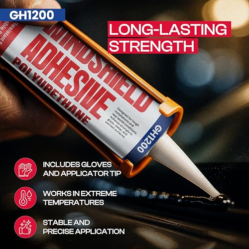 GH1200 Polyurethane Windshield Adhesive Cures in 24-48 Hrs - 12.5 Oz Ultra Strong Non-Drip Formula - Caulk-Friendly Windshield Glue - Impact & Vibration Proof Seals - Weather Resistant Window Adhesive - style: 12.5Oz Windshield Adhesive