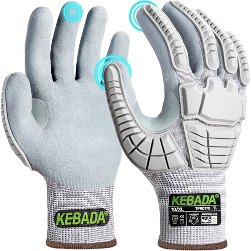 Kebada Impact Protection Gloves, ANSI A2 Cut Resistant Work Gloves with Grip, Touchscreen, Sandy Nitrile Coated - color: Grey (1 Pair), size: XX-Small