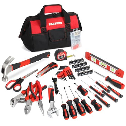 FASTPRO 220-Piece Home Tool Set, Household Repairing Tool Kit with 12-Inch Wide Mouth Open Storage Tool Bag, Red - color: Red