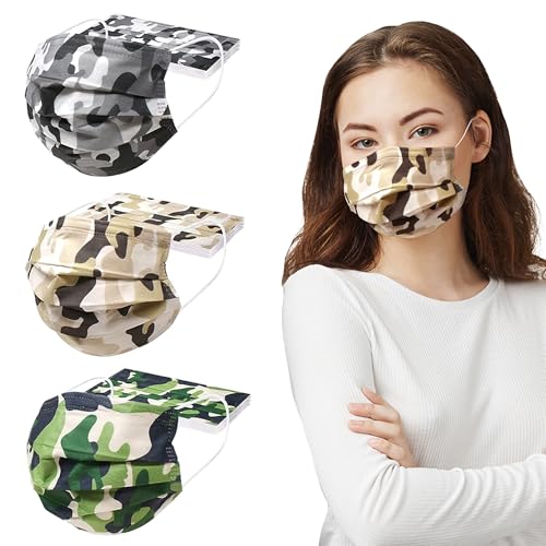 CBC Crown 3-Ply Disposable Protective Face Masks Earloop, Dust Filter Mouth Cover Black, Blue for Adult Men & Women - color: 50 Pc - Mix Camo