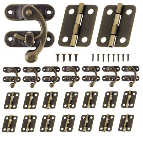 Retro Jewelry Box Hinges and Latches Hook, 8Pcs Antique Right Hasp Latch and 16Pcs Vintage Bronze Small Hinge with Matching Screws Kit for Decorative Cabinet Small Wooden Box Project