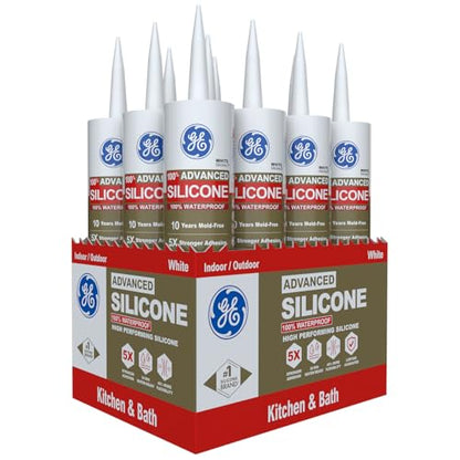 GE Advanced Silicone Caulk for Kitchen & Bathroom, White, 10 fl oz Cartridge, 12 Pack - 100% Waterproof Silicone Sealant, 5X Stronger Adhesion, Shrink & Crack Proof - color: White, size: Pack of 12