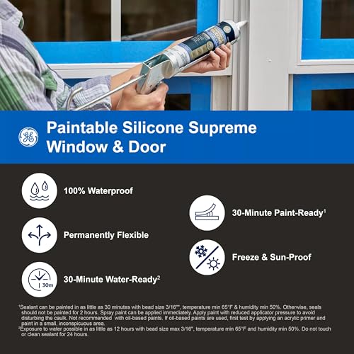 GE Supreme Paintable Silicone Caulk for Window & Door, White, 9.5 fl oz Cartridge, 1 Pack - 100% Waterproof Silicone Sealant, 7X Stronger Adhesion, Freeze & Sun Proof - size: Pack of 1
