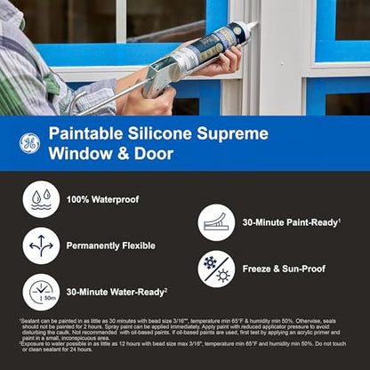 GE Supreme Paintable Silicone Caulk for Window & Door, White, 9.5 fl oz Cartridge, 1 Pack - 100% Waterproof Silicone Sealant, 7X Stronger Adhesion, Freeze & Sun Proof - size: Pack of 1