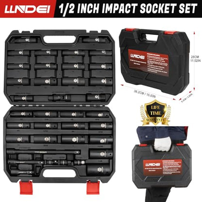 LLNDEI 1/2 inch Drive Deep Impact Socket Set, 37 Piece Standard SAE 3/8" to 1-1/4" | Metric 8 to 24mm, Includes Spark Plug Socket (16, 21mm), CR-MO Universal Joint, Extension Bars and Adapter - size: 37-piece 1/2" Drive Socket Set Sae & Metric