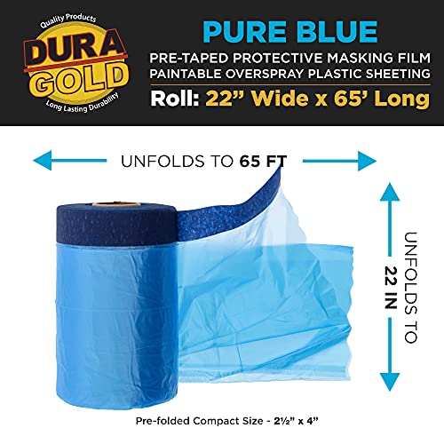 Dura-Gold 22" Wide x 65' Long Roll of Pure Blue Pre-Taped Masking Film, 0.4 Mil Pre-Folded Overspray Paintable Plastic Protective Sheeting, Pull Down Drop Sheet - Auto Painting, Cover Walls Furniture - size: 22 inchx 65'