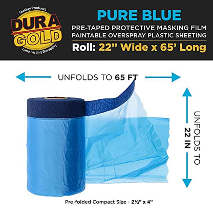 Dura-Gold 22" Wide x 65' Long Roll of Pure Blue Pre-Taped Masking Film, 0.4 Mil Pre-Folded Overspray Paintable Plastic Protective Sheeting, Pull Down Drop Sheet - Auto Painting, Cover Walls Furniture - size: 22 inchx 65'