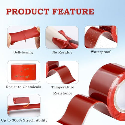 Self Fusing Silicone Tape 2 Rolls 1 in x 5' Red Waterproof Rubber Leak Proof Sealing Rubber Self-amalgamating Tape for Emergency Hot and Cold Water Pipe Repairs and Tool Fixation - size: 2 Rolls - 5 ft - Red - 20 mil Thickness