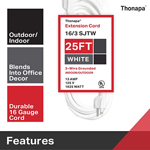 Thonapa 2 Pack White Extension Cord 25 ft, 16/3 SJTW Weatherproof Indoor & Outdoor Extension Cord 3 Prong Grounded Plug, Heavy Duty Power Cable Great for Home, Office, Outdoor Lights, US Veteran Owned - color: White, size: 25 Foot - 2 Pack
