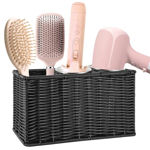Hair Tool Organizer,Wall Mount Curling Iron Holder,Waterproof Wicker Hot Tools Organizer for Hair Dryer,Flat Irons,Curling Wands,Straighteners Storage,in Cabinet,Bathroom,Vanity (Black) - color: Black