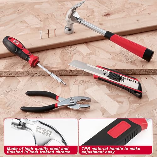 Prostormer 93-Piece Tool Kit, Basic Household Repair Tool Set with Toolbox Storage Case, Small Starter Tool Box Kit for Homeowners and College Students (Red) - color: Red