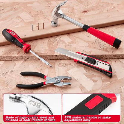 Prostormer 93-Piece Tool Kit, Basic Household Repair Tool Set with Toolbox Storage Case, Small Starter Tool Box Kit for Homeowners and College Students (Red) - color: Red