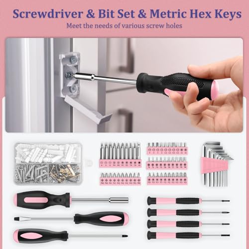 Sundpey Home Tool Kit 281-PCs - General Basic Home Auto Repair Tool Kits - Complete Portable Hand Tool Sets for Women - Tool Box Set with Socket Wrench Set & Screwdriver Sets & Hex Key & Pliers - color: Pink