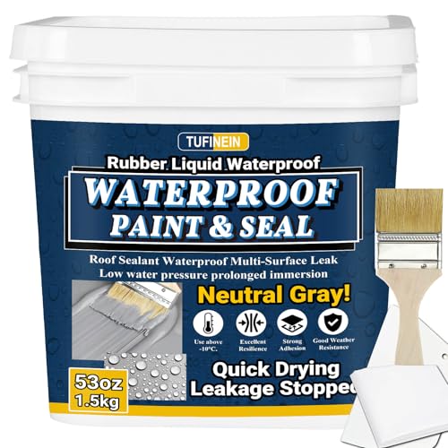 Rubber Liquid Waterproof Sealant, TUFINEIN 53oz/1.5kg Neutral Gray Quick Drying Multi Surface Foundation Leak Repair - Roof Gutters Basement Sealer Waterproof - Indoor & Outdoor Flexible Rubber Paint - color: Neutral Gray, size: 53 OZ