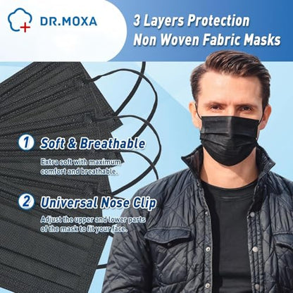 100 Pack Medical Grade Black Disposable Face Masks-Protective 3 Ply Face Mask for Adults, Comfortable,Soft, Breathable