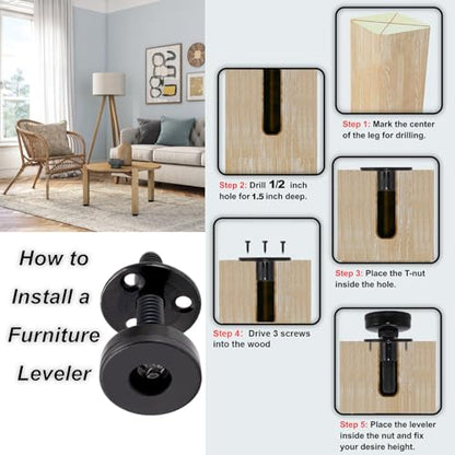 NEWBYTEK Furniture Leveling Feet Heavy Duty, Adjustable Furniture Feet Levelers Screw on Heavy Duty Desk/Chair/Cabinet/Dresser/Bench Leg Leveler, Round T-Nut Kit 3/8”-16 Thread (4 Pack, Black) - size: Short, 4 Pack
