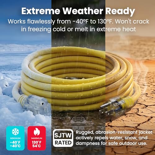 GEARit 100 ft Outdoor Extension Cord 14/3 Gauge SJTW 14 AWG, 3-Prong Heavy Duty Power Cable with Lighted End, 15A 125V 1875W, Waterproof Cord for Tools, Lawn & Garden, Yellow - size: 14 AWG Gauge, style: 100 Feet (SJTW Rated)