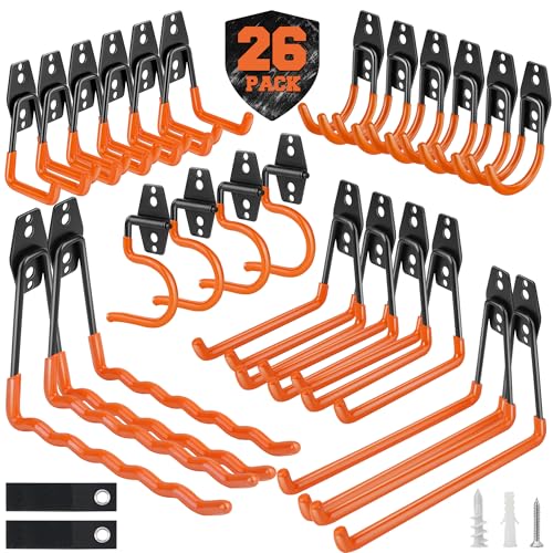 Nacial 26 Pack Garage Hooks Heavy Duty, Utility Steel Garage Storage Hooks with 2 Extension Cord Storage Straps, Utility Garage Wall Mount Hooks for Hanging Bike, Ladder and Garden Tools, Orange - color: Orange, size: 26