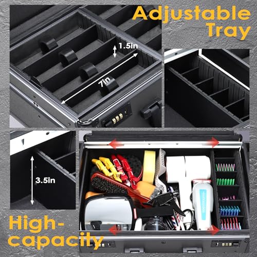 Yueieoun Barber Case with Clippers Sliding Tray, Profesional Barbers Briefcase Tool Case, Travel Barber Cases for Clippers and Supplies, Hair Scissors Trimmer Organizer, Salon Grooming Hard Suitcase - color: Gunmetal Grey