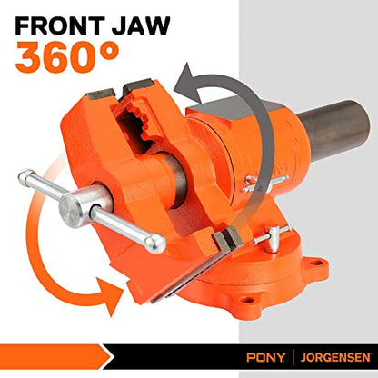 PONY Heavy Duty Bench Vise, 5-inch Jaw Width and Opening, 360-Degree Swivel Base With Anvil, Utility Combination Pipe Home Vise for Woodworking, One-Pair Vise Jaw Pad Included - style: 5-inch Jaw Opening