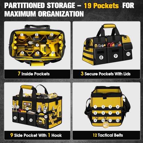 16-Inch Heavy Duty Tool Bag, 19-Pockets Tool Box Organizer, Portable Toolbag W/Soft Handle for Organized Storage, Mechanic Gifts for Men Dad Husband Fathers Day, Wide Mouth Electrician Toolbox, Yellow - style: Handle-Yellow