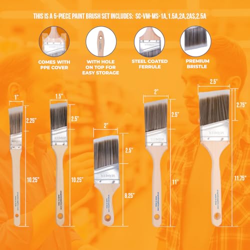 Vermeer Angle Paint Brushes, 5-Pc Angled Brush Set, 1-2.5 Inch Sash Brushes for Trim Walls Cabinets, Interior Exterior Painting Tools