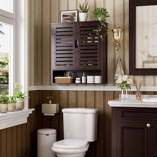 SMIBUY Bathroom Cabinet Wall Mounted, Bamboo Over-The-Toilet Storage Organizer, Space Saver Medicine Cabinet with 2 Door and Adjustable Shelves (Dark Brown) - color: Brown
