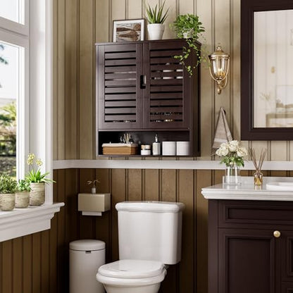 SMIBUY Bathroom Cabinet Wall Mounted, Bamboo Over-The-Toilet Storage Organizer, Space Saver Medicine Cabinet with 2 Door and Adjustable Shelves (Dark Brown) - color: Brown