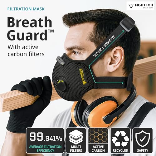 FIGHTECH Dust Mask – Reusable Face Mask with Carbon Filters and Air Valves for Woodworking, Construction, Moving - style: Black Single, Medium