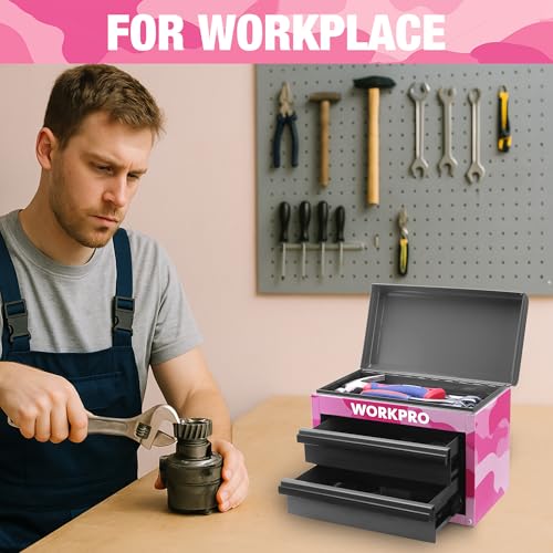 WORKPRO Metal Mini Tool Box, Top Tool Chest containing Two Drawers with Ball Bearing Slides, PVC Drawer Liners and PP Feet Pads, Cold Rolled Steel Small Toolbox for Multi-Purpose Storage - Pink Ribbon - color: Pink Camo