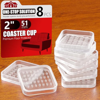 8 Pcs Clear Furniture Coaster Cups for Hardwood Floor, 2" Square Non-Slip Rubber Furniture Pads, Heavy Duty Anti-Skid Floor Protectors for Bed & Couch Leg, Odorless & Non-Staining Rubber Gripper Feet - size: 2“-Square