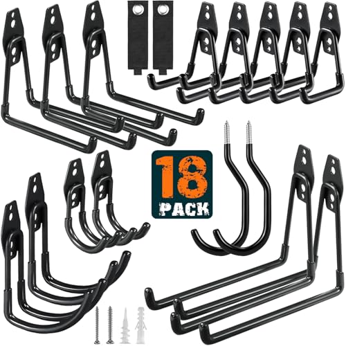HUPBIPY 18 Pack Garage Hooks Heavy Duty Utility Steel with Anti-Slip Coating Wall Mount Storage Organizer for Hanging Power and Garden Tools, Ladders, Hose, Bikes, Ropes, Bulk Items, and More - color: 18 Pack Black