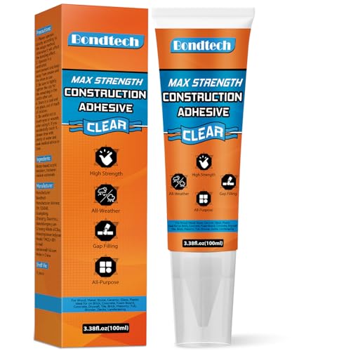 Bondtech Max Strength Construction Adhesive Clear, Cement Glue, Tile Adhesive, Versatile Concrete Glue for Tile, Cement, Floor, Stone, Wall, Wood & More, 3.38 Ounce Squeeze Tube (CZJS-B01)