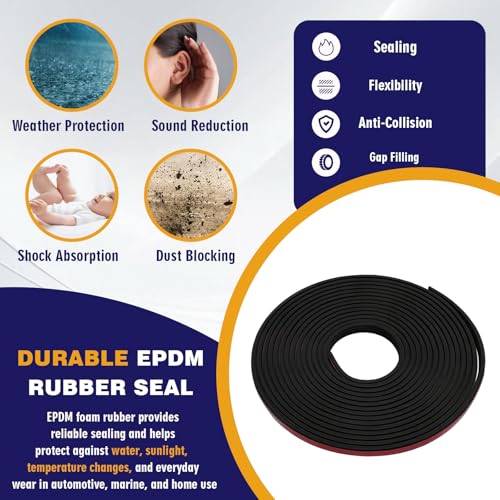 Ribbed Rubber Weather Stripping 1/2" Wide X 25FT EPDM Adhesive Seal Strip, Rectangle Rubber Seal for RV Window, Garage Door Weather Stripping, Trailer Door Seal, Car Door Seal