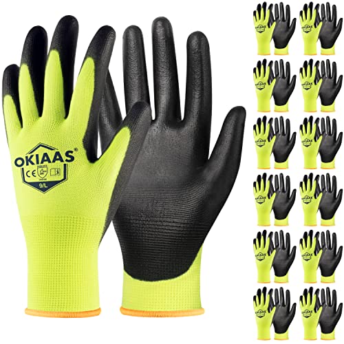 OKIAAS Work Gloves for Men，Ultra Thin and Lightweight Working Gloves with Grip, 12 Pairs Bulk Pack Construction Gloves with Polyurethane Coating, Safety Gloves for Light Duty Work (Green, Large) - color: Yellow (12 Pairs), size: Large