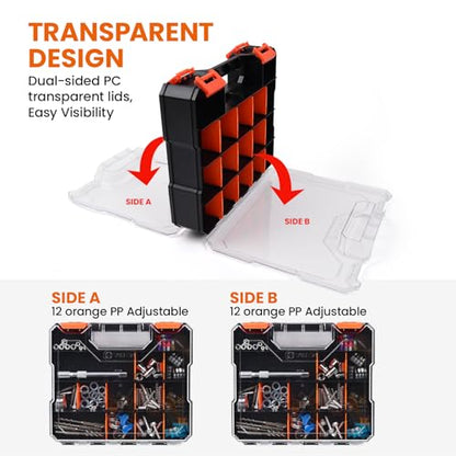 TACTIX 34 Compartments Double-Sided Tool Organizer, Toolbox with 14 Adjustable Dividers & Transparent Lids, Portable Hardware Storage Box for Screws, Nuts, Fishing Accessories (Black/Orange) - style: Double-sided PP Organizer