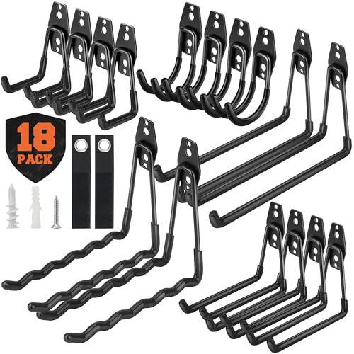 Nacial 18 Pack Garage Hooks Heavy Duty, Utility Steel Garage Storage Hook with 2 Storage Straps, Utility Garage Wall Mount Hooks for Hanging Bike, Ladder and Garden Tools, Perfect for Father Day Gifts - color: Black, size: 18