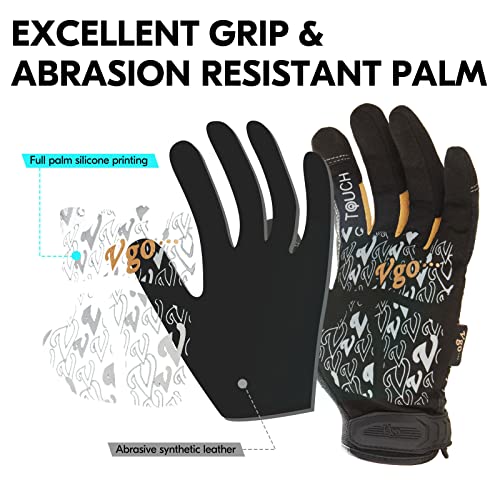 Vgo... Work Gloves Men,Light Duty Mechanic Glove,Touchscreen Compatible,Grain Cowhide Leather - color: 1 Pair - Black Gold, size: Mdeium(Pack of 1)