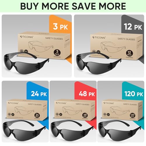 TICONN Clear Safety Glasses for Men and Women, Safety Goggles with Scratch Impact Resistant Meets ANSI Z87.1 Standard - style: 48 Pairs Charcoal