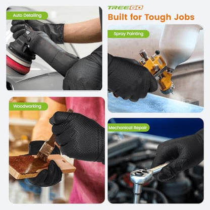 TREEGO Black Heavy Duty Rubber Gloves 10 Mil Nitrile Gloves - Raised Diamond Texture Grip for Automotive & Mechanic - Latex Free Disposable Gloves Medium, 100 Count - color: Black 100, size: Medium