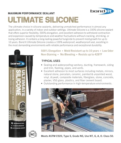 Bond It Ultimate Silicone, Maximum Performance Sealant, 100% Waterproof Neutral Cure Silicone, High Temperature 428°F, Indoor/Outdoor Flexible Durable Seal, 500% Elongation, 10 oz, White - color: White