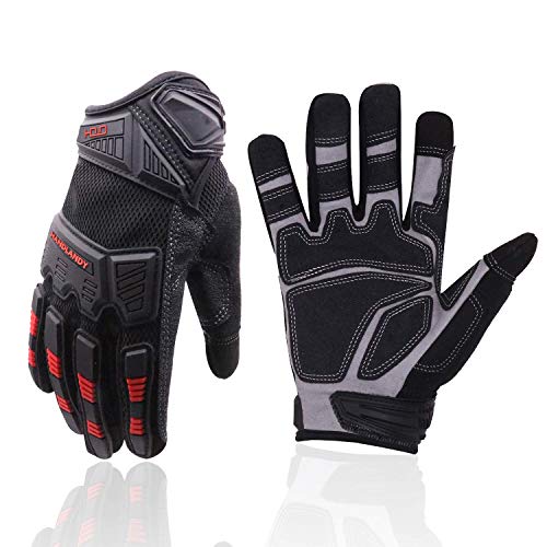 HANDLANDY Mens Work Gloves Touch screen, Utility Mechanic Gloves, Flexible Breathable Fit- Padded Knuckles & Palm - color: Black Red, size: X-Large