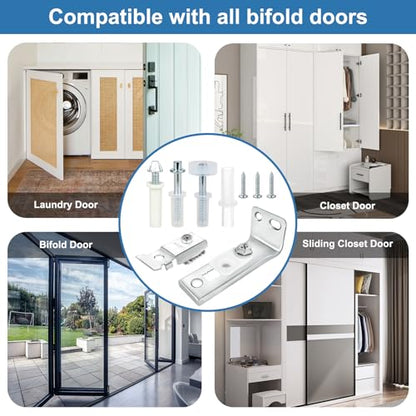 Bifold Door Hardware Repair Kit - 2 Pack with Parts for Bifold, Sliding, Closet, Pocket, Barn Doors Top & Bottom Brackets, 3/8" Pivot, 7/8" - 1" Guide Wheels Fits Common Track